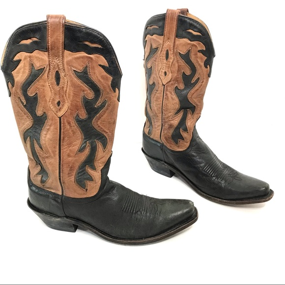 OLD WEST Leather Cowboy Boots Western Ranch Size 8 Two Tone Tan Black Ranch - Picture 11 of 14